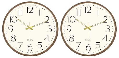 2 Pack 14 Inch Wall Clock, Silent Analog Clock Battery Operated - color: Brown Wood Grain, size: 14In-2Pcs
