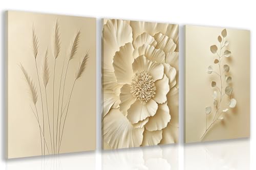 GELDSTEI Wrapped Canvas Neutral Beige Botanical Wall Art Set of 3, 16x24 in | Elegant Beige Flower Wall Decor, Pampas Grass Botanical Leaves Art Prints, Warm Minimalist Decor for Living Room and Bedroom - color: Beige, size: 24"L x 16"W
