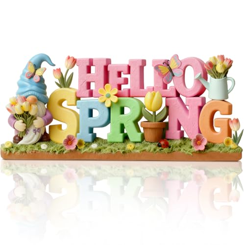 Simgoing 1 Pack Hello Spring Table Decoration Resin Spring Gnome Decorations for Home Pastel Flower Table Sign Festive Floral Statue Tabletop Centerpiece for House Tabletop Tiered Tray Fireplace Decor - color: Hello Spring, size: 8 Inch