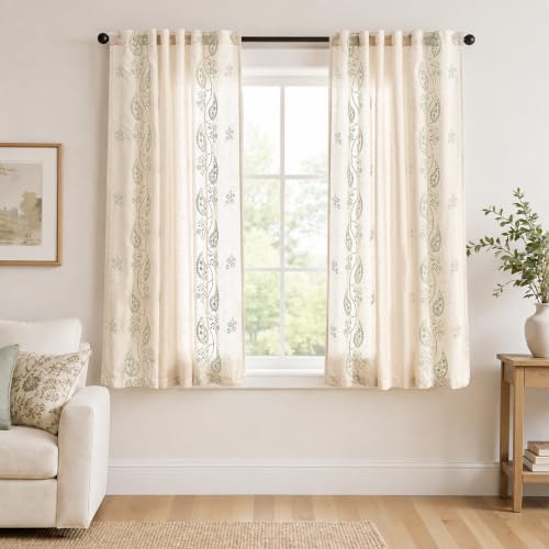 jinchan Linen Curtains 63 Inch Sage Floral Drapes Back Tab 2 Panels Set - color: Sage on Beige, size: 50"W x 63"L (Pack of 2)