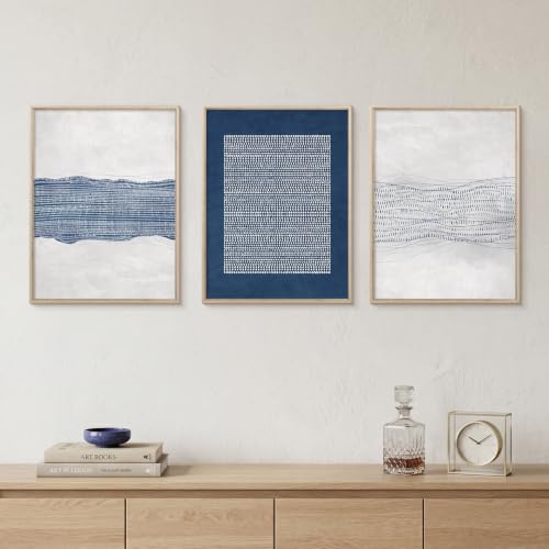 Aryroi Navy Blue and White Abstract Framed Canvas Wall Art Set- 12"x16"x3 - color: Navy Blue Dot Wall Art - White Oak Framed, size: 12"L x 16"W