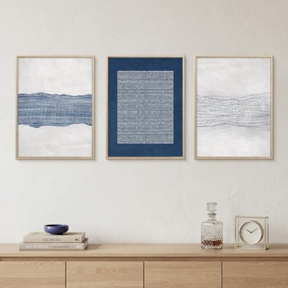 Aryroi Navy Blue and White Abstract Framed Canvas Wall Art Set- 12"x16"x3 - color: Navy Blue Dot Wall Art - White Oak Framed, size: 12"L x 16"W