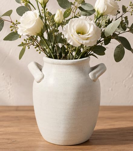 DREAMLOOM Ceramic Flower Vase Home Decor with Handles, 7.2 Inch Table Vases Pottery Terracotta Farmhouse Rustic Room Decor, Flower Vases for Desk, Shelf, Room, Kitchen, Bedroom Decor Antique White - color: Round-7.2" Antique White