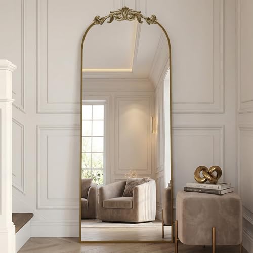 MISSDAY Vintage Baroque Full Length Mirror, 71"X28" Antique Large Arched Full Body Mirror Freestanding with French Carving Top, Full Metal Frame Stand Up Retro Mirrors for Bedroom Living Room, Bronze - color: Bronze, size: 71"L x 28"W