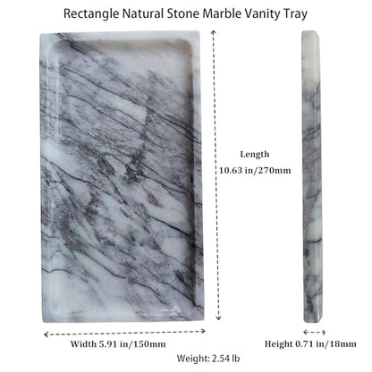 White Marble Vanity Tray – 10.63"x5.91" Rectangular Natural Stone Organizer for Bathroom Perfume Makeup Jewelry Dresser Entryway - color: Rectangular Plum Blossom White