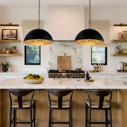 20 Inch Dome Pendant Light-Black and Gold Pendant Light with Gold Leaf Interior, Farmhouse Industrial Chandelier for Dining Table, Kitchen Island, Bar - size: 20" Dome
