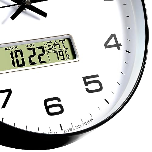 TIMESS 14-Inch Non-Ticking Analog Wall Clock with LCD Display, Black - color: Black, size: 14 Inch