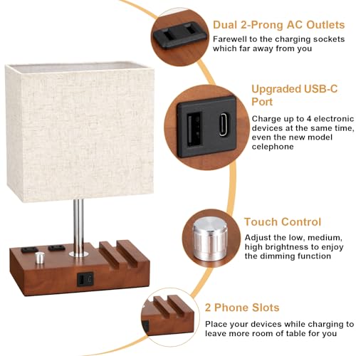Brown Wood Grain Bedside Lamp - Stepless Dimmable, USB C+A, 2 AC Outlets - color: Brown Wood Grain with Knob Switch, size: 1 Pack