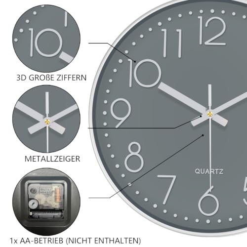 Silent Wall Clocks Battery Operated 8 Inch, Analog Wall Clock with Oversized Number Tempered Glass Clock Face, Quartz Non Ticking Wall Clocks for Living Room Bedroom Kitchen Office, Grey - color: Gray, size: 8 Inch