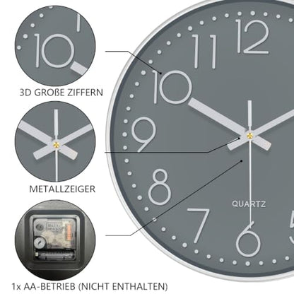 Silent Wall Clocks Battery Operated 8 Inch, Analog Wall Clock with Oversized Number Tempered Glass Clock Face, Quartz Non Ticking Wall Clocks for Living Room Bedroom Kitchen Office, Grey - color: Gray, size: 8 Inch