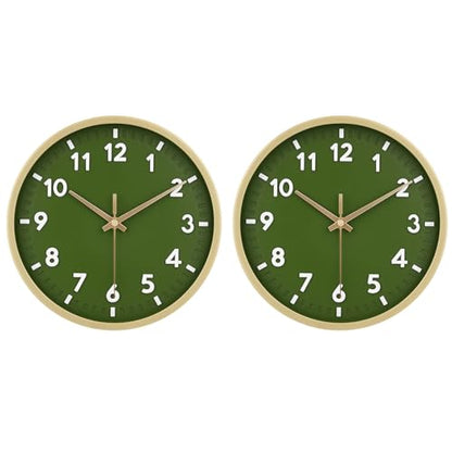 HIPPIH 10 Inch Wall Clock, 2Pack Silent Non Ticking Battery Operated Clocks - color: Green, size: 10 inches