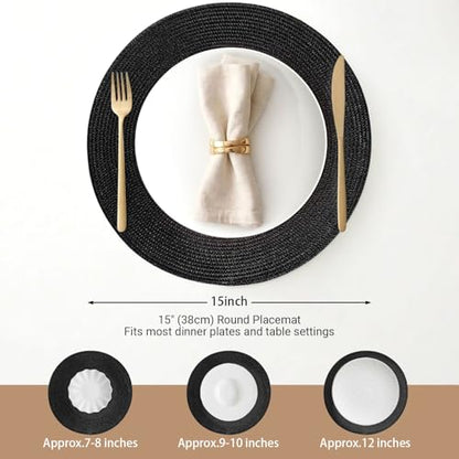 FunWheat Round Braided Placemats Set of 4 Table Mats for Dining Tables Woven Washable Non-Slip Place mats 15inch (Black, 4pcs) - color: Black, size: Set of 4