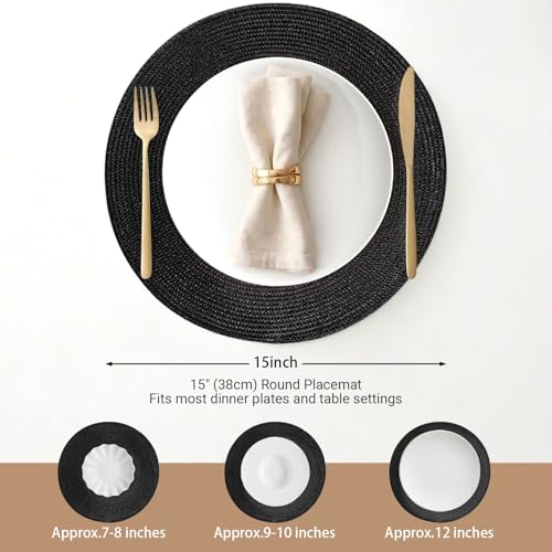 FunWheat Round Braided Placemats Set of 4 Table Mats for Dining Tables Woven Washable Non-Slip Place mats 15inch (Black, 4pcs) - color: Black, size: Set of 4