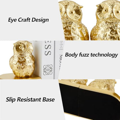 Book Ends, Bookends Gold Owl Bird, Kids Rooms, Non-Skid Bookend, Heavy Duty Resin Book Stopper for Books, Bookends for Shelves, Decorative Holder, Gift for Women, 9.05 * 3.7 * 4.72'' Gold