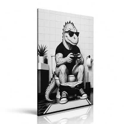 Canvas Wall Art Funny Dinosaur Framed Style Powder Room Accent 12x16 Inch - color: Funny Dinosaur, size: 16"L x 12"W