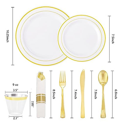 WELLIFE 210 Piece Gold Plastic Dinnerware Set, Include: 30 Dinner Plates, 30 Dessert Plates, 30 Pre Rolled Napkins with Silverware and 30 Cups - color: Gold, style: 210PCS（30 Guests）