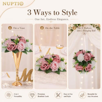 NUPTIO Flower Balls for Table Centerpieces: Dusty Pink & White Fake Flowers - color: Dusty Rose & White, size: 2 Pcs