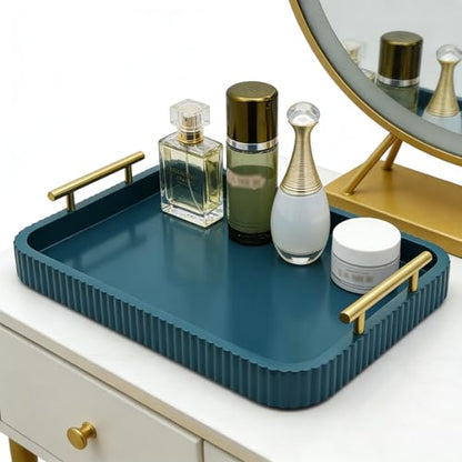 Rectangle Modern Wood Serving Tray with Metal Handles, High Gloss Teal Finish, 16x12 Inch Coffee Table Ottoman Tray for Storage and Display (Teal) - color: Teal