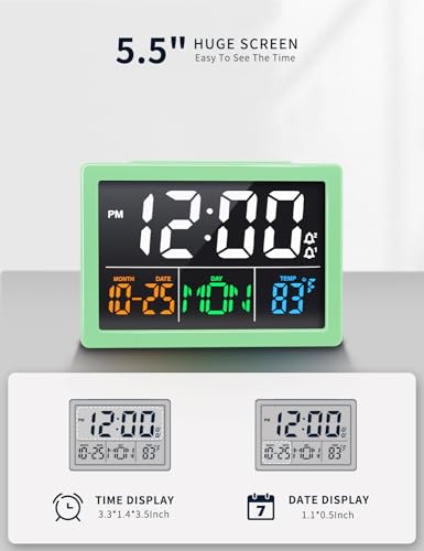 JALL Digital Clock with Date Day for Seniors, Electric Alarm Clocks for Bedrooms with Temperature, 2 Alarms, Dimmer, Dual USB Charger, Battery Backup, Volume Control, Snooze, Bedside Desk Clock, Green - color: Green
