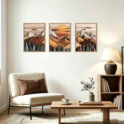 KAIRNE Woodcut Mountain Landscape Framed Canvas Wall Art Set-12"x16"x3 - color: Wood Sun Mountain Wall Art, size: 12"L x 16"W