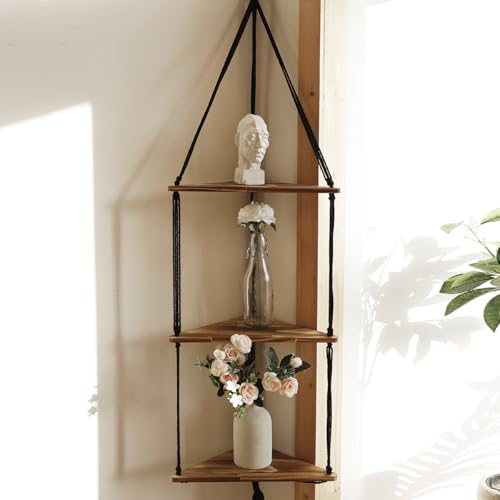 Artilady Corner Shelf Macrame Wall Hanging, 3 Tier Black Boho Storage Decor - color: Black - 3 Tier