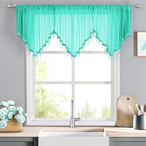 WUBODTI Teal Sheer Valance Curtains for Bathroom Windows, Summer Boho Crystal Beads Tassel Triangle Sheer Kitchen Swag Curtain Valance for Bedroom Living Room Cafe Farmhouse,3PCs, Each W51 x L24 - color: Turquoise
