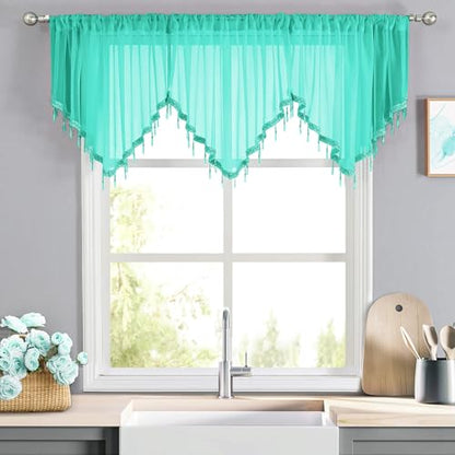WUBODTI Teal Sheer Valance Curtains for Bathroom Windows, Summer Boho Crystal Beads Tassel Triangle Sheer Kitchen Swag Curtain Valance for Bedroom Living Room Cafe Farmhouse,3PCs, Each W51 x L24 - color: Turquoise