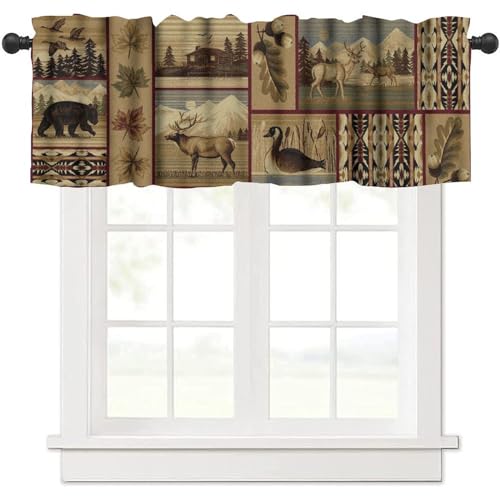 Rustic Moose Deer Valance, Country Lodge Cabin Retro Bear Farmhouse Camp Woodland Animal Print Blackout Short Window Treatment for Kitchen Bathroom Bedroom, 54x18inch - color: Deer-11