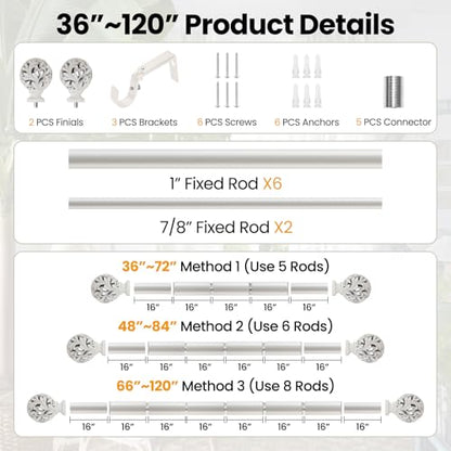 Ycolnaefllr Carved Leaf Curtain Rod, Weathered White, Adjustable 66-120" - color: Weathered white, size: 36-120"