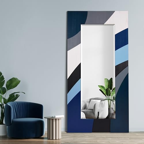 Empire Art Direct Blue Waves Hand Made Solid Paulownia Wood Beveled Leaner Mirror, Ready to Hang, Living Room, Bedroom & Office, 78.8"x39.4"x1.6" - style: Blue Waves