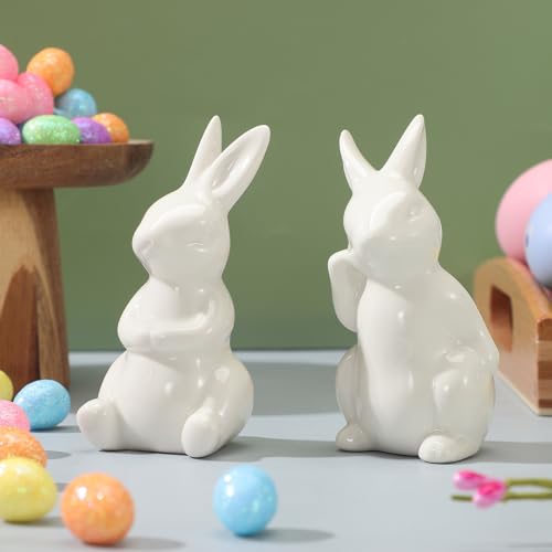 2Pcs Easter Bunny Figurines White Ceramic Rabbit Statues for Spring Home Decoration, Small Animal Sculpture for Tabletop Centerpiece, Cute Mini Holiday Party Shelf Ornaments