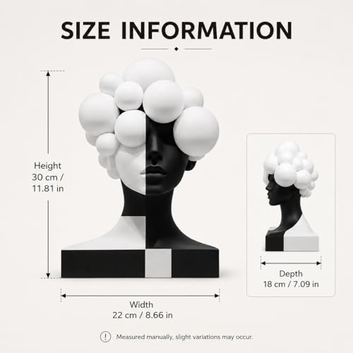 Checkered Modern Abstract Bust Statue for Home Decor, Black and White Art Face Sculpture,Large Resin Woman Head Figurine, Decorative Objects for Bookshelf, Coffee Table, Entryway, Office Desk Decor
