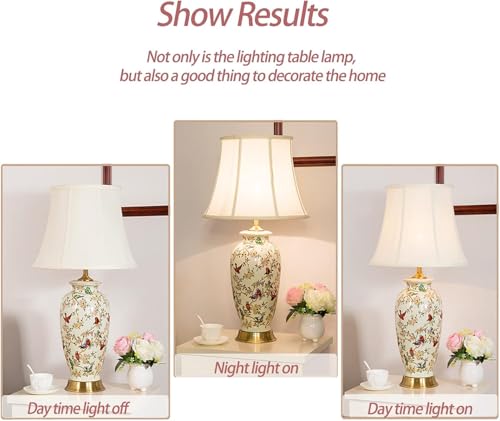 White 27" Flower and Bird Ceramics Table Lamp Chinoiserie Desk Lamp,Fabric Drum Shade,Gold Base, Tall Table Lamp Decor for Living Room Bedroom Bedside Office College Bookcase