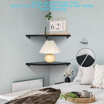 Joiishom Wood Corner Wall Shelves Set of 2, Solid Wood Corner Floating Shelves, Round End Wall Mounted Floating Corner Shelf for Bedroom, Living Room and Kitchen (Black-12 inch) - size: Black-12 inch