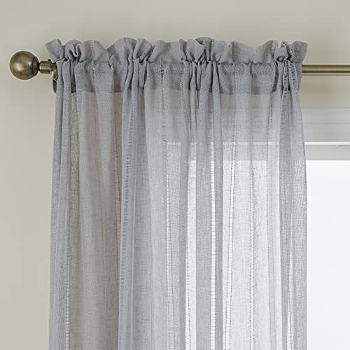 Demetex Lace Sheer Curtains Grey Stripe Small Window Curtain Panels Semi Sheer for Bedroom Curtain, Set of 2, 54 x 45 Inch, Light Gray - color: Striped Grey, size: 54"W x 45"L (Pack of 2)