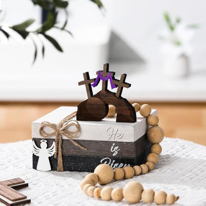 Spiareal 4 Pcs Easter Tiered Tray Decor He is Risen Wooden Sign Easter Religious Cross Christian Spring Table Centerpiece Decorative Stack Faux Book Block for Table Fireplace Mantel Floating Shelf - size: He is Risen