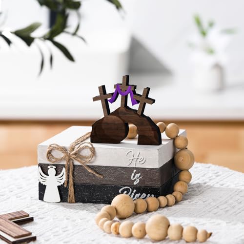 Spiareal 4 Pcs Easter Tiered Tray Decor He is Risen Wooden Sign Easter Religious Cross Christian Spring Table Centerpiece Decorative Stack Faux Book Block for Table Fireplace Mantel Floating Shelf - size: He is Risen