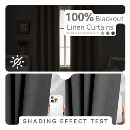 PFAS Free Black Linen Curtains 63 inch Length 2 Panels Set 100% Blackout Long Drapes for Bedroom Living Room Blackout Darkening Curtain Thermal Insulated (52x63 inch,Black) - color: Black, size: 52"W x 63"L (Pack of 2)