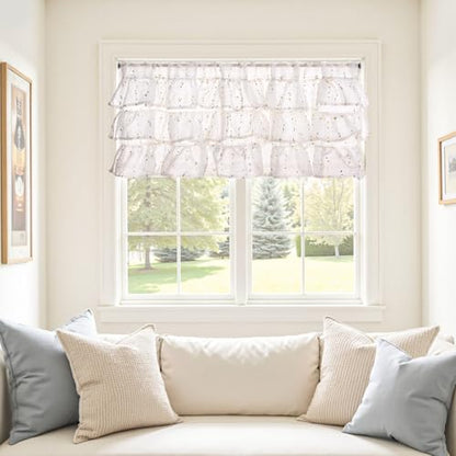 jinchan Mini Pom-Pom Ruffled Valance for Windows 18 Inch 1 Panel Green - color: Dottie Sunlit Grove