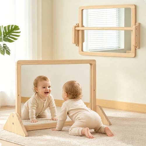 Montessori Mirror with Pull Up Bar, 23.6 x 15.7 in Natural Wood Frame & Shatter-Resistant Acrylic Baby Mirror for Floor and Wall, Tummy Time and Pull-to-Stand Practice - size: 23.6 x 15.7 inches