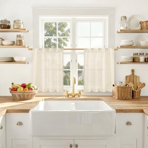 LAMIT 24 Inch Length Short Linen Cafe Curtains 2 Panels Set, Linen - color: Linen, size: 25"W x 24"L (Pack of 2)