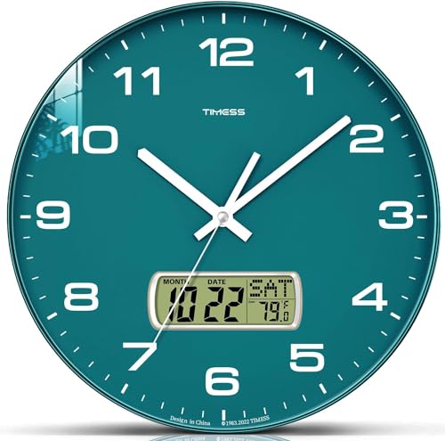 TIMESS Wall Clock, 13" Dial Non-Ticking Silent Battery Operated Analog with LCD Display for Perpetual Calendar and F° Temperature, Ideal Modern Home, Office Decor (Green) - color: Green, size: 13 Inch
