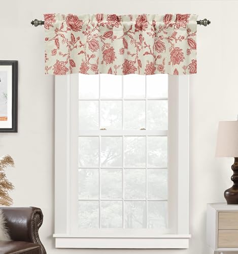 DriftAway Freda Jacobean Floral Linen Blend Blackout Thermal Insulated Energy Saving Privacy Window Linen Curtain Valance Rod Pocket 2 Layers Single 52 Inch by 14 Inch Plus 2 Inch Header Red Beige - color: Red, size: 52"W x 14"L (Pack of 1)