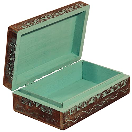 ETROVES Carved Wooden Box - Keepsake Storage with Lid, 8 Inch, Turquoise - color: Tree of life.