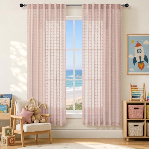 Pink Curtains for Girls Room 63 Inch Pom Pom Pink Sheer Curtain for Bedroom 2 Panels Textured Sheer Curtains for Nursery Princess Kids Room Back Tab Rod Pocket Boho Voile Cute Window Drapes 52x63 - color: Dusty Pink, size: 52"W x 63"L (Pack of 2)