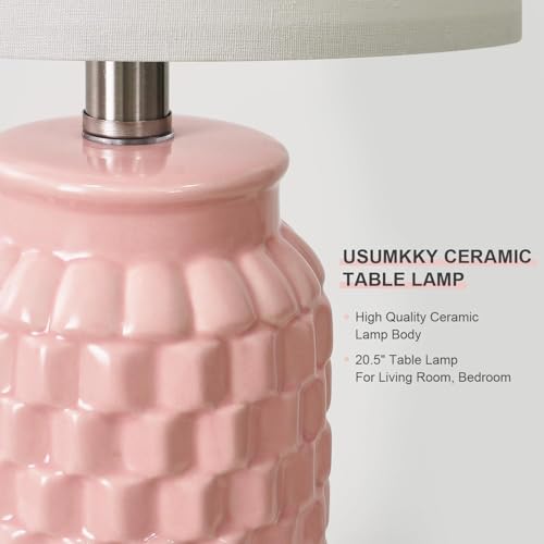 USumkky 20.5" Pink Table Lamps Set of 2,Modern Farmhouse Bedside Lamps - Ceramic Nightstand Lamps for Bedroom,Boho Living Room End Tables,Small Office Desk Lamp - color: Pink