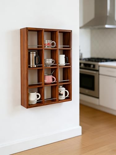 12 Grid coffee mug display shelf, 17x25" Wooden cup shelf for wall,Walnut - color: Walnut