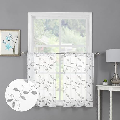 Tollpiz Grey Leaf Sheer Tier Curtain Kitchen 30 x 36 Inches - color: Grey, size: 30"W x 36"L (Pack of 2)