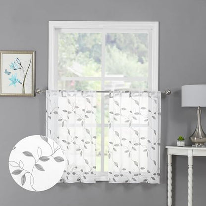 Tollpiz Grey Leaf Sheer Tier Curtain Kitchen 30 x 36 Inches - color: Grey, size: 30"W x 36"L (Pack of 2)