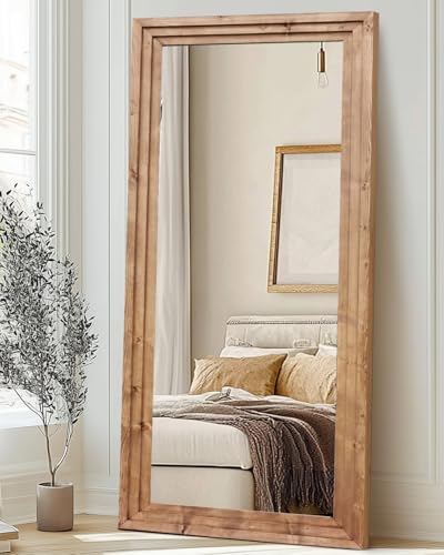 76x34in Full Length Mirror, 3-Tier Stepped Solid Wood Frame - color: Light Brown, size: 76"L x 34"W